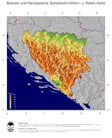 #5 Landkarte Bosnien und Herzegowina: farbkodierte Topographie, schattiertes Relief, Staatsgrenzen und Hauptstadt