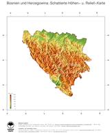 #3 Landkarte Bosnien und Herzegowina: farbkodierte Topographie, schattiertes Relief, Staatsgrenzen und Hauptstadt