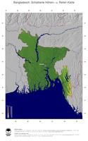 #4 Landkarte Bangladesch: farbkodierte Topographie, schattiertes Relief, Staatsgrenzen und Hauptstadt