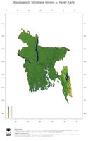 #3 Landkarte Bangladesch: farbkodierte Topographie, schattiertes Relief, Staatsgrenzen und Hauptstadt