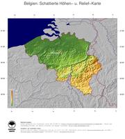 #5 Landkarte Belgien: farbkodierte Topographie, schattiertes Relief, Staatsgrenzen und Hauptstadt
