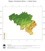 #3 Landkarte Belgien: farbkodierte Topographie, schattiertes Relief, Staatsgrenzen und Hauptstadt