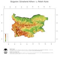 #3 Landkarte Bulgarien: farbkodierte Topographie, schattiertes Relief, Staatsgrenzen und Hauptstadt