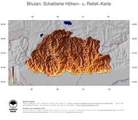 #5 Landkarte Bhutan: farbkodierte Topographie, schattiertes Relief, Staatsgrenzen und Hauptstadt