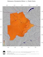 #5 Landkarte Botswana: farbkodierte Topographie, schattiertes Relief, Staatsgrenzen und Hauptstadt