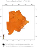 #3 Landkarte Botswana: farbkodierte Topographie, schattiertes Relief, Staatsgrenzen und Hauptstadt