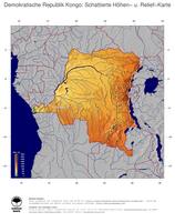 #4 Landkarte Demokratische Republik Kongo: farbkodierte Topographie, schattiertes Relief, Staatsgrenzen und Hauptstadt