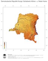#3 Landkarte Demokratische Republik Kongo: farbkodierte Topographie, schattiertes Relief, Staatsgrenzen und Hauptstadt