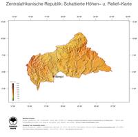 #3 Landkarte Zentralafrikanische Republik: farbkodierte Topographie, schattiertes Relief, Staatsgrenzen und Hauptstadt
