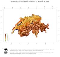 #3 Landkarte Schweiz: farbkodierte Topographie, schattiertes Relief, Staatsgrenzen und Hauptstadt