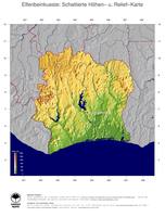 #5 Landkarte Elfenbeinkueste: farbkodierte Topographie, schattiertes Relief, Staatsgrenzen und Hauptstadt