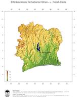 #3 Landkarte Elfenbeinkueste: farbkodierte Topographie, schattiertes Relief, Staatsgrenzen und Hauptstadt