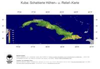 #5 Landkarte Kuba: farbkodierte Topographie, schattiertes Relief, Staatsgrenzen und Hauptstadt