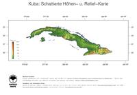 #3 Landkarte Kuba: farbkodierte Topographie, schattiertes Relief, Staatsgrenzen und Hauptstadt