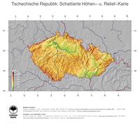 #5 Landkarte Tschechische Republik: farbkodierte Topographie, schattiertes Relief, Staatsgrenzen und Hauptstadt