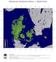 #5 Landkarte Daenemark: farbkodierte Topographie, schattiertes Relief, Staatsgrenzen und Hauptstadt