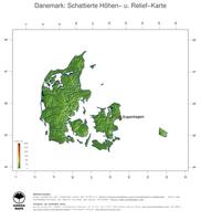 #3 Landkarte Daenemark: farbkodierte Topographie, schattiertes Relief, Staatsgrenzen und Hauptstadt
