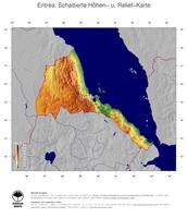 #4 Landkarte Eritrea: farbkodierte Topographie, schattiertes Relief, Staatsgrenzen und Hauptstadt