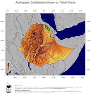 #4 Landkarte Aethiopien: farbkodierte Topographie, schattiertes Relief, Staatsgrenzen und Hauptstadt