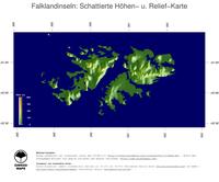 #5 Landkarte Falklandinseln: farbkodierte Topographie, schattiertes Relief, Staatsgrenzen und Hauptstadt