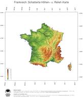 #3 Landkarte Frankreich: farbkodierte Topographie, schattiertes Relief, Staatsgrenzen und Hauptstadt