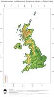 #3 Landkarte Grossbritannien und Nordirland: farbkodierte Topographie, schattiertes Relief, Staatsgrenzen und Hauptstadt