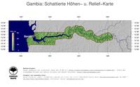 #5 Landkarte Gambia: farbkodierte Topographie, schattiertes Relief, Staatsgrenzen und Hauptstadt