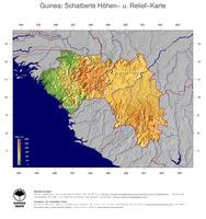 #5 Landkarte Guinea: farbkodierte Topographie, schattiertes Relief, Staatsgrenzen und Hauptstadt