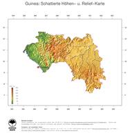 #3 Landkarte Guinea: farbkodierte Topographie, schattiertes Relief, Staatsgrenzen und Hauptstadt