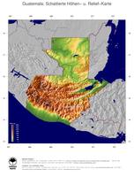 #5 Landkarte Guatemala: farbkodierte Topographie, schattiertes Relief, Staatsgrenzen und Hauptstadt