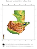 #3 Landkarte Guatemala: farbkodierte Topographie, schattiertes Relief, Staatsgrenzen und Hauptstadt