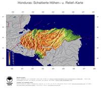 #5 Landkarte Honduras: farbkodierte Topographie, schattiertes Relief, Staatsgrenzen und Hauptstadt