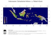 #5 Landkarte Indonesien: farbkodierte Topographie, schattiertes Relief, Staatsgrenzen und Hauptstadt