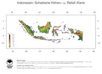 #3 Landkarte Indonesien: farbkodierte Topographie, schattiertes Relief, Staatsgrenzen und Hauptstadt
