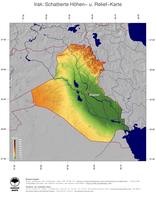 #5 Landkarte Irak: farbkodierte Topographie, schattiertes Relief, Staatsgrenzen und Hauptstadt