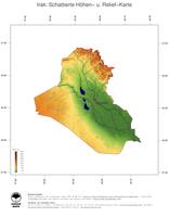#3 Landkarte Irak: farbkodierte Topographie, schattiertes Relief, Staatsgrenzen und Hauptstadt
