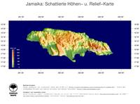 #5 Landkarte Jamaika: farbkodierte Topographie, schattiertes Relief, Staatsgrenzen und Hauptstadt