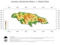 #3 Landkarte Jamaika: farbkodierte Topographie, schattiertes Relief, Staatsgrenzen und Hauptstadt