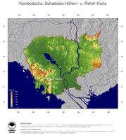 #5 Landkarte Kambodscha: farbkodierte Topographie, schattiertes Relief, Staatsgrenzen und Hauptstadt