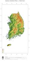 #3 Landkarte Suedkorea: farbkodierte Topographie, schattiertes Relief, Staatsgrenzen und Hauptstadt