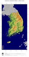 #5 Landkarte Suedkorea: farbkodierte Topographie, schattiertes Relief, Staatsgrenzen und Hauptstadt