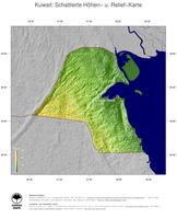 #5 Landkarte Kuwait: farbkodierte Topographie, schattiertes Relief, Staatsgrenzen und Hauptstadt