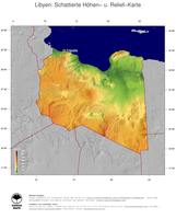 #5 Landkarte Libyen: farbkodierte Topographie, schattiertes Relief, Staatsgrenzen und Hauptstadt