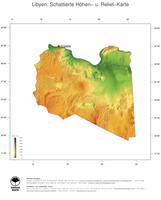 #3 Landkarte Libyen: farbkodierte Topographie, schattiertes Relief, Staatsgrenzen und Hauptstadt