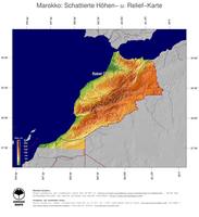 #5 Landkarte Marokko: farbkodierte Topographie, schattiertes Relief, Staatsgrenzen und Hauptstadt