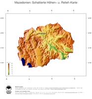 #3 Landkarte Mazedonien: farbkodierte Topographie, schattiertes Relief, Staatsgrenzen und Hauptstadt