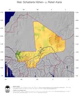 #5 Landkarte Mali: farbkodierte Topographie, schattiertes Relief, Staatsgrenzen und Hauptstadt