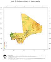 #3 Landkarte Mali: farbkodierte Topographie, schattiertes Relief, Staatsgrenzen und Hauptstadt