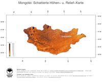 #3 Landkarte Mongolei: farbkodierte Topographie, schattiertes Relief, Staatsgrenzen und Hauptstadt