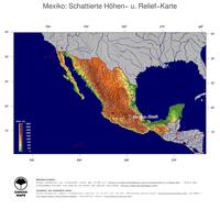 #5 Landkarte Mexiko: farbkodierte Topographie, schattiertes Relief, Staatsgrenzen und Hauptstadt
